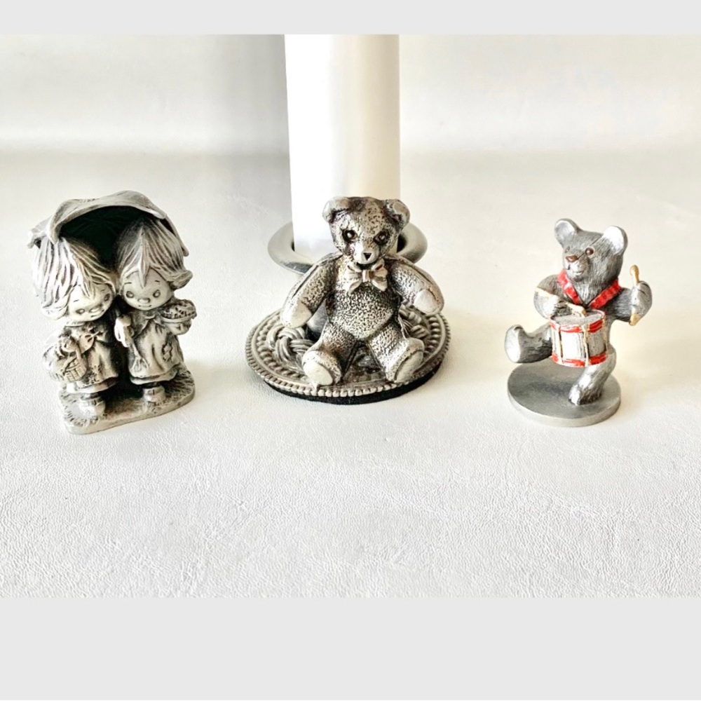 Vintage Pewter candle holder & 2 figurine set includes candle